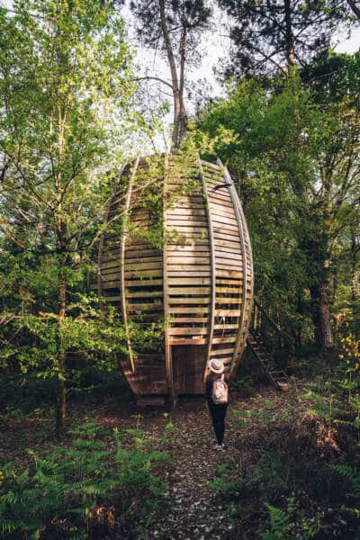 Cabane de chez cap'cabanes, en forme de pomme de pin en pleine pinède